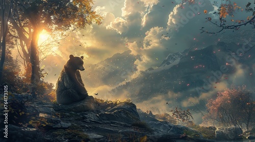 Contemplative Bear at Sunrise: A Majestic Wildlife Scene