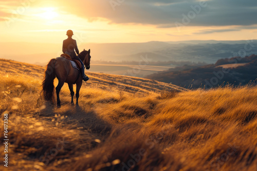 Equestrian at Sunset in Golden Field. © Fukume