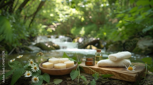 Skincare ingredients include wax, shea butter, cocoa butter, sea buckthorn oil, and fractionated coconut oil. on natural wood surface Surrounded by small wildflowers and green leaves and a stream. photo