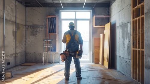 Skilled craftsman contemplating the progress of a bright, sunlit room under renovation, equipped with tools and materials for home improvement - AI generated