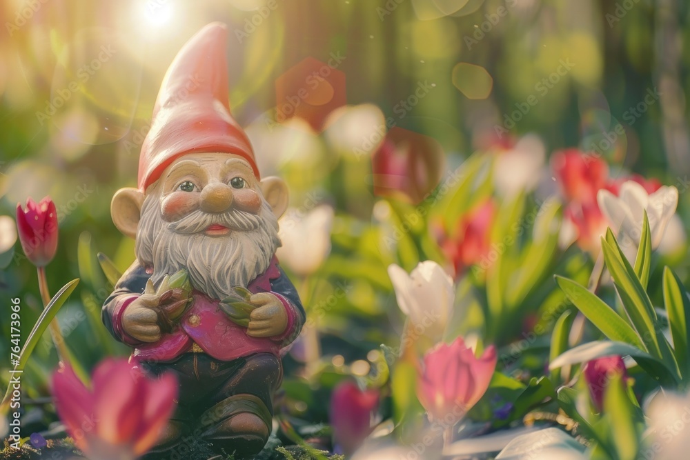 Cute gnome in spring forest copy, concept of Vibrant Nature and Whimsical Gnome