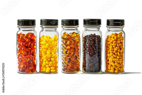 Set of tablets in glass bottles - capsules isolated on free PNG background. Pharmacy bottle pill medicine, drug concept.