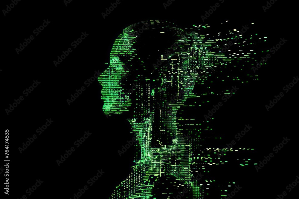 Human silhouette made from binary codes in green color on solid black background