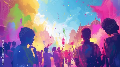 Holi festival Colorful gulaal splash Banner poster background and people playing holi. Indian festival of colors.