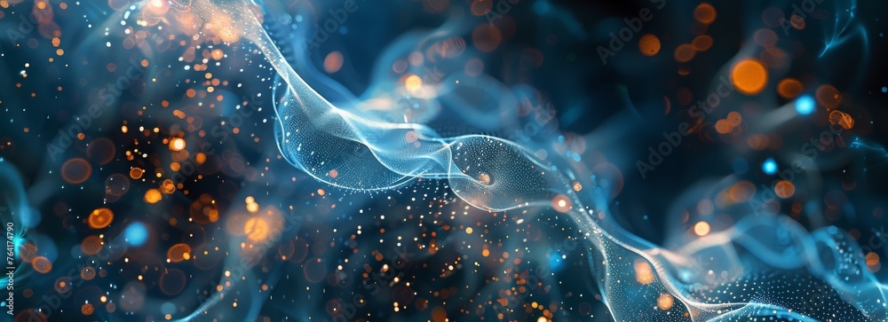 A vibrant blue and orange abstract background filled with clusters of colorful bubbles floating across the frame. The bubbles create a dynamic and lively composition against the contrasting colors of 