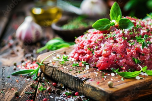 Raw ground beef ready to be cooked on a wooden board with herbs
