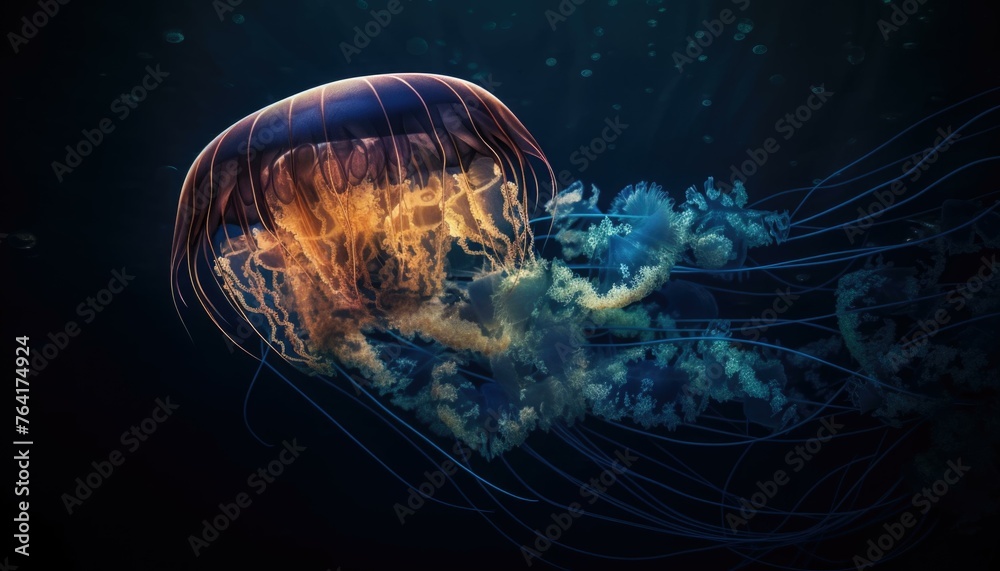 Illustrative background featuring a jellyfish swimming in the ocean, with light filtering through the water to create volumetric rays. Captures the beauty and danger of the jellyfish. AI Integration. - obrazy, fototapety, plakaty 