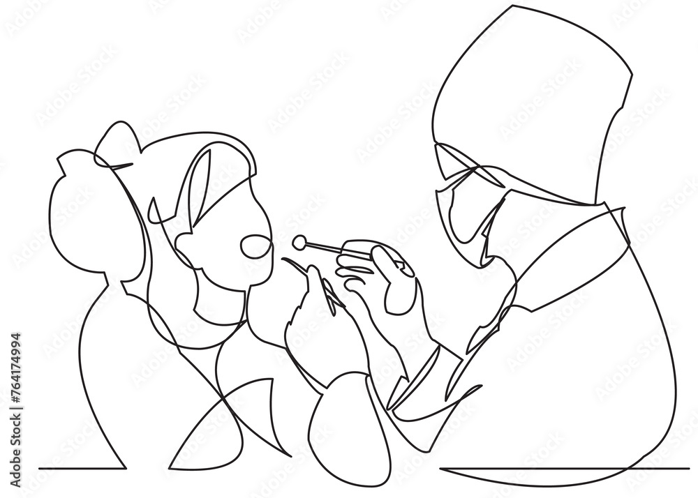 one continuous drawn line of the man of the scraping teeth drawn from the hand picture. Line art. character male dentist treats teeth to patient