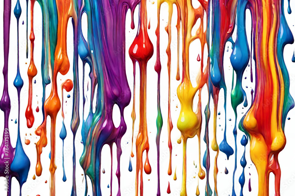 Colorful acrylic paint line wise dripping with liquid drops on White Background. - obrazy, fototapety, plakaty 