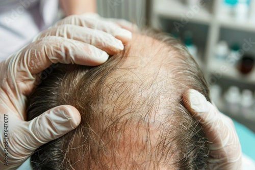 A man receiving advanced hair follicle treatment from a dermatologist to cure baldness and promote hair growth photo