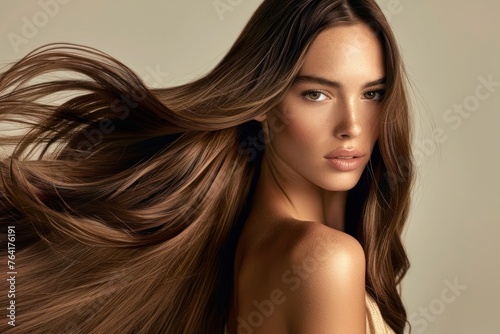 A stunning model flaunts her long, luscious, and glossy hair, perfectly embodying hair health and beauty