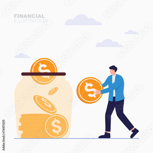People putting coins in savings jar Saving dollar coin concept illustration