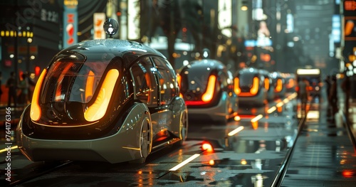 Glowing self-driving pods navigate through a bustling cityscape at night, reflecting advanced urban transportation technology.