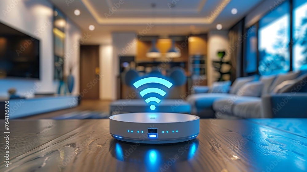 Close-up of a wireless router on a wooden table emitting a strong Wi-Fi signal in a contemporary living room setting. - obrazy, fototapety, plakaty 