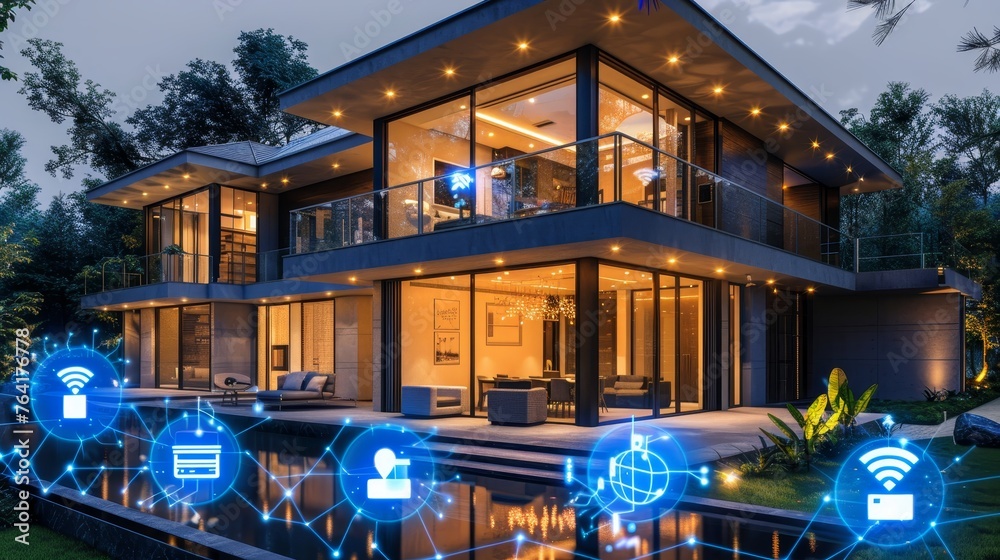 Twilight view of a luxury smart home exterior with visible digital icons symbolizing connected home devices and technology integration. Twilight view of a luxury smart home exterior with visible digital icons symbolizing connected home devices and technology integration.