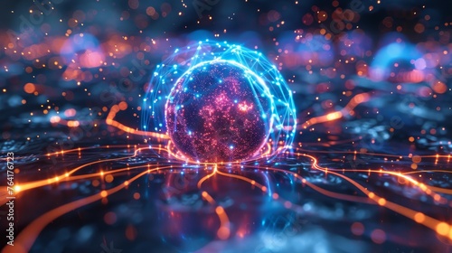 An ethereal image showcasing a sphere of energy pulsating with light, surrounded by a network of vibrant connections, evoking concepts of advanced technology, connectivity, and data networks.