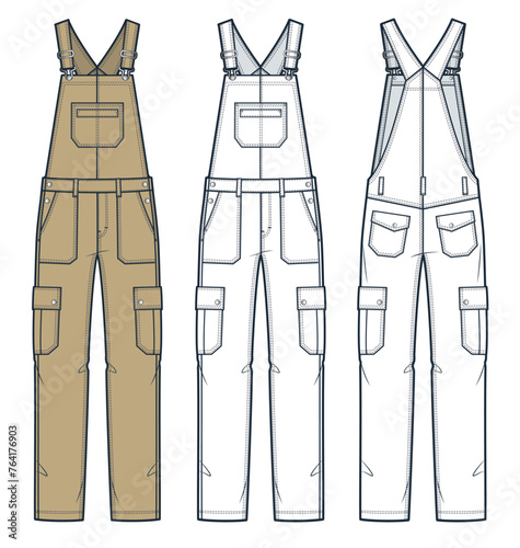 Denim Jumpsuit fashion flat technical drawing template. Dungarees, Overalls technical fashion illustration, relaxed fit, front and back view, white, camel brown, women, men, unisex CAD mockup set.