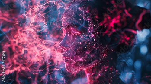 Abstract digital art of a human face depicted with glowing red and blue particles, symbolizing artificial intelligence and virtual reality.