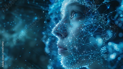 Close-up of a woman's face with a blue digital network overlay, symbolizing connectivity and digital transformation in technology.