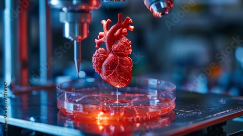 Bioprinting technology in action, creating a detailed, red, human heart model within a scientific laboratory environment.