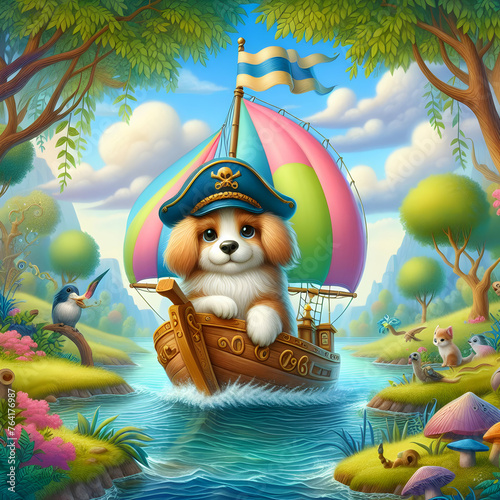 A whimsical dog sailing a boat, dog, water,boat, illustration, Ai generated 