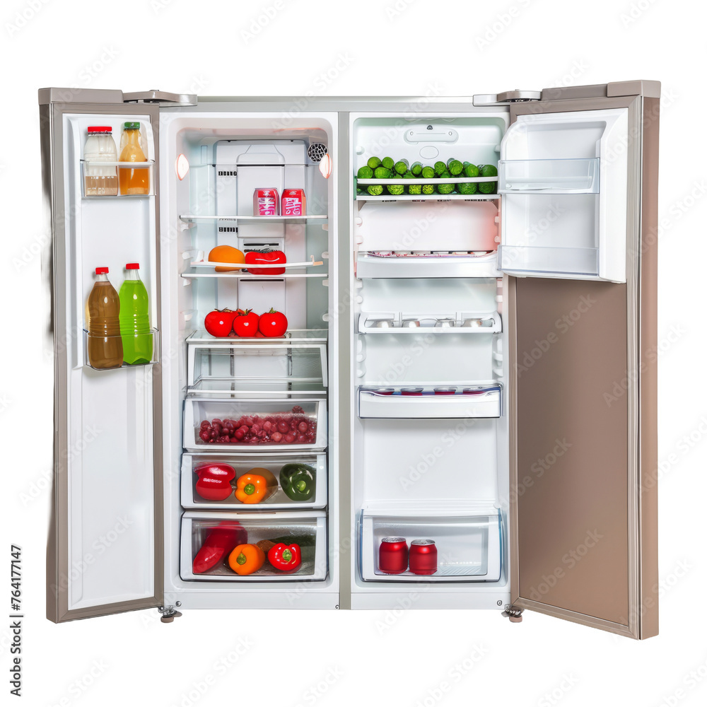 Open refrigerator stocked with food and beverages, cut out transparent Open refrigerator stocked with food and beverages, cut out transparent