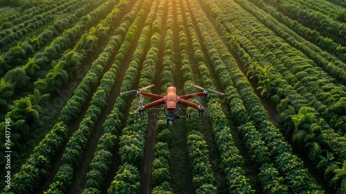 An orange agricultural drone hovers above a dense coffee plantation, providing precision agriculture and monitoring services in the warm sunlight.