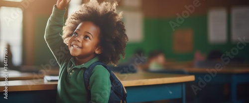 Little Black Boy Raising Hand in Classroom Generative AI photo