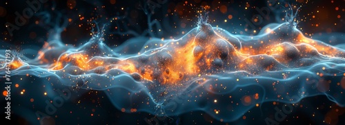 A computer-generated depiction of a powerful wave of fire, showcasing intense flames and heat energy in motion. The wave appears to be engulfing its surroundings with fierce intensity and velocity. photo