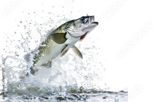 Bass fish jumping out of water isolated on white background