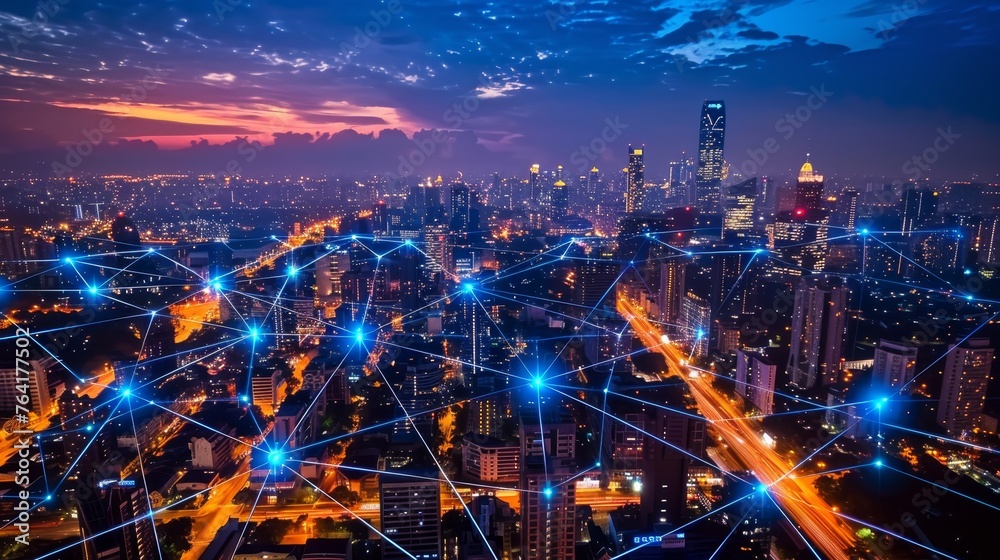 As twilight sets over the city, a vibrant network of digital connections illustrates the bustling data exchange in the urban landscape.
