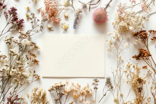 Card mockup and dried flowers top view on white background with, flat lay, Space for design, spring floral template