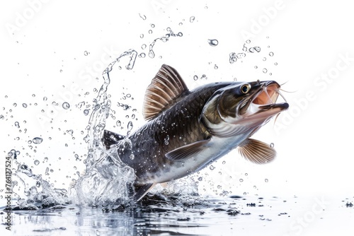 Catfish fish jumping out of water isolated on white background
