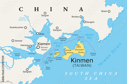 Kinmen, also known as Quemoy, political map. Group of islands governed as county by Taiwan, Republic of China, only 10 km east from the city of Xiamen, located at the southeastern coast of China, PRC.