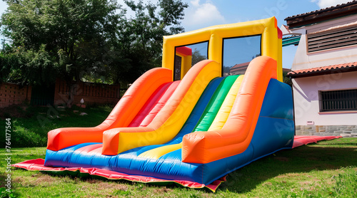 Inflatable bounce house water slide in the backyard, Colorful bouncy castle slide for children playground