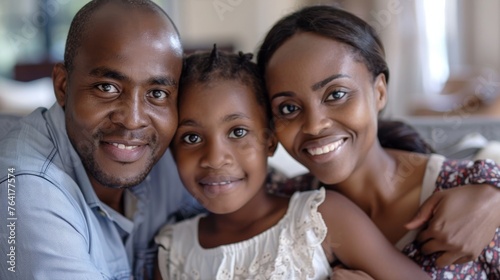A man and two children are standing together, smiling for the camera. They appear happy and are looking directly at the lens, posing for a family portrait.