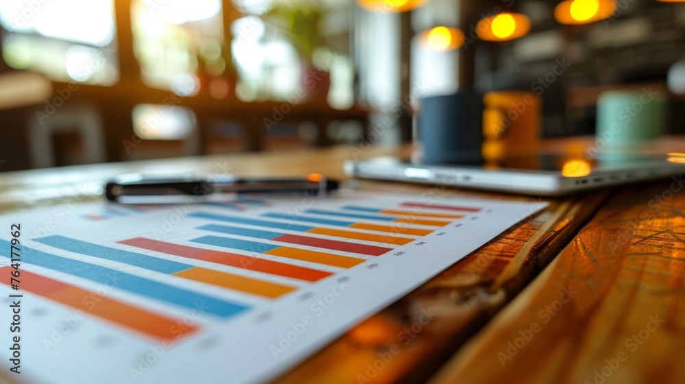 Focused shot on a bar chart with blurred office setting background, highlighting data analysis and reporting.