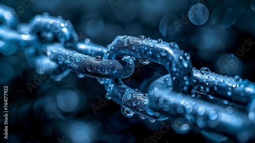 An extreme close-up of a metallic chain covered in water droplets, with the droplets glistening against a bokeh blue background, capturing the delicate balance between strength and fragility.