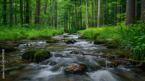 a clear river flowing through a green forest, an association with the sound of the forest and water flowing calmly and soothingly