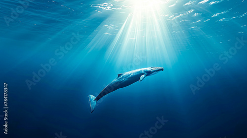 A whale swimming from the deep sea to the surface, under the underwater light rays of the sun © Eva Corbella