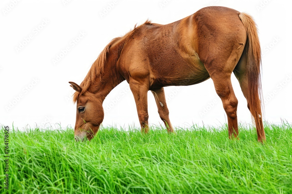 Fototapeta premium Farm animal Horse stands on green grass on a white background