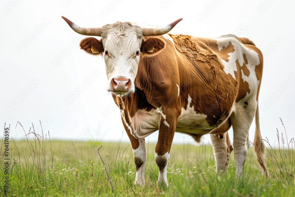 Farm Cow animal stands on green grass Isolated on white background