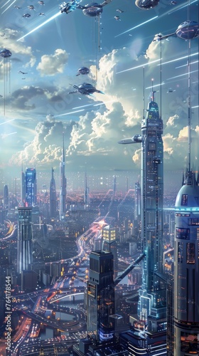The image features a bustling futuristic cityscape filled with numerous flying saucers hovering in the sky. The city is adorned with sleek metallic skyscrapers and neon lights, portraying a technologi photo
