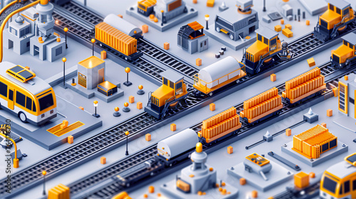 Freight railway transportation, isometric illustration of cargo train and logistics