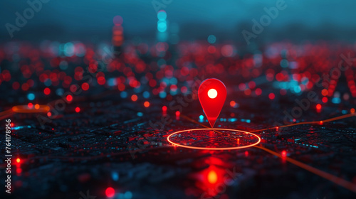 A red location pin on top of an urban cityscape, surrounded by glowing lines representing network connections and digital networks © HillTract