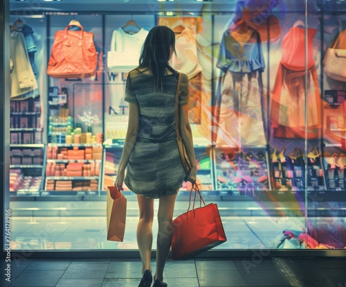 A woman is standing in front of a store window, holding multiple shopping bags in her hands. She appears to be looking at the displays inside, possibly admiring the products showcased. photo