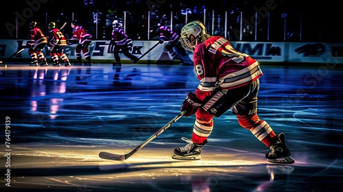 Capturing the intensity of the game, this photo showcases a hockey player skillfully maneuvering the puck, with a fierce determination in his eyes.