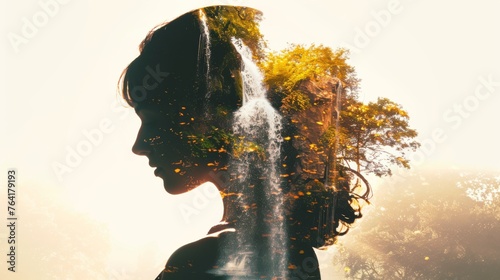 A woman stands in front of a powerful waterfall, surrounded by mist and the sound of rushing water. Her silhouette is highlighted against the cascading water in the background. photo