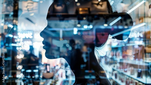 A close-up view of a womans profile reflected in the glass window of a shop, showcasing her features and expressions as she looks inside.