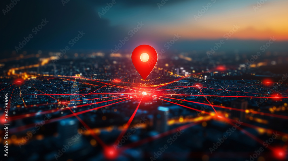 A red location pin on top of an urban cityscape, surrounded by glowing lines representing network connections and digital networks - obrazy, fototapety, plakaty 